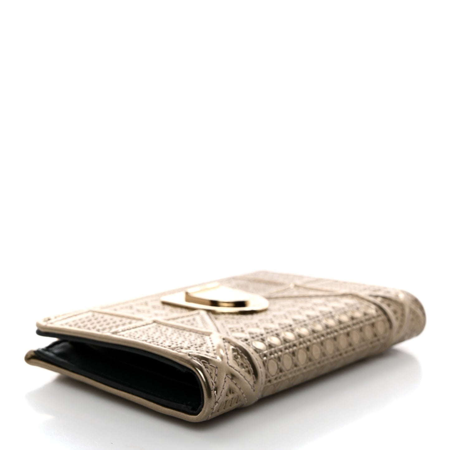 Metallic Patent Micro-Cannage Diorama Medium Wallet Champagne