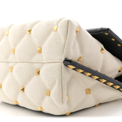 Valentino Garavani Canvas Calfskin Medium Candystud Top Handle Bag Black Beige 17 of 19