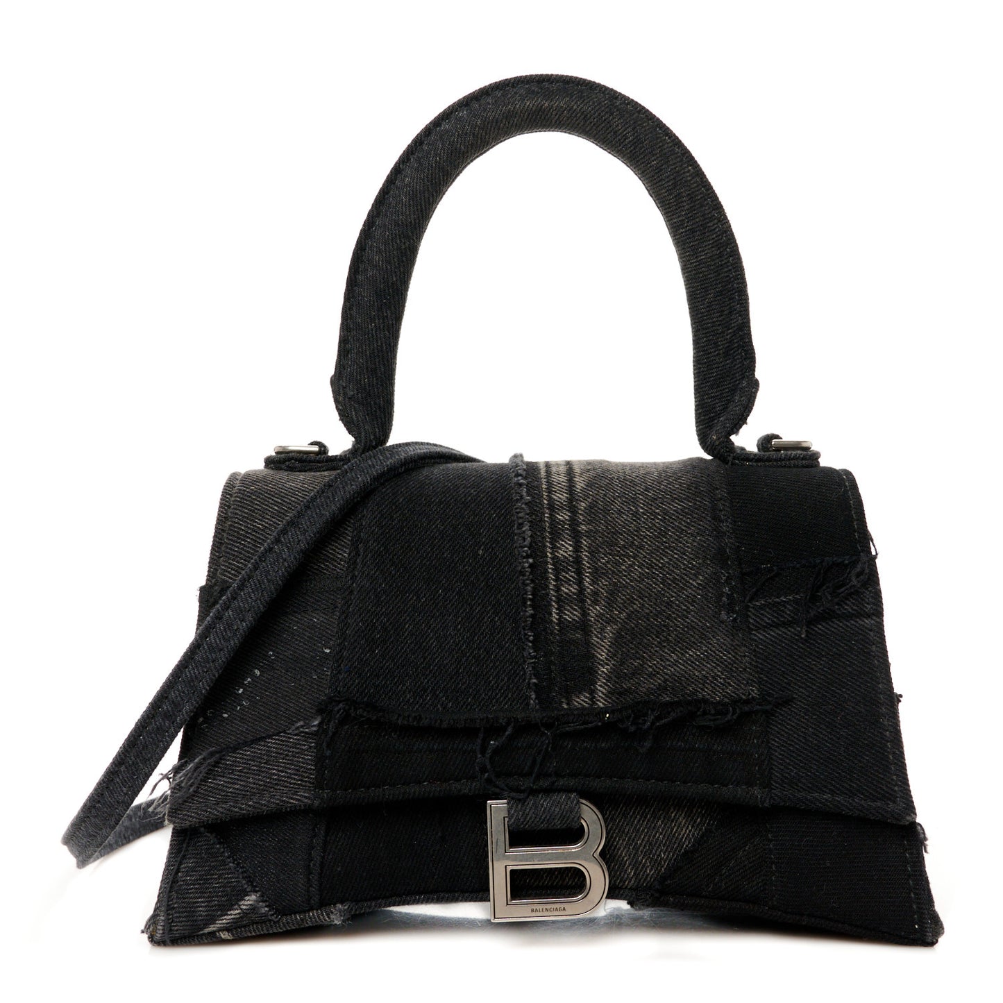 Denim Patchwork Small Hourglass Top Handle Bag Washed Black