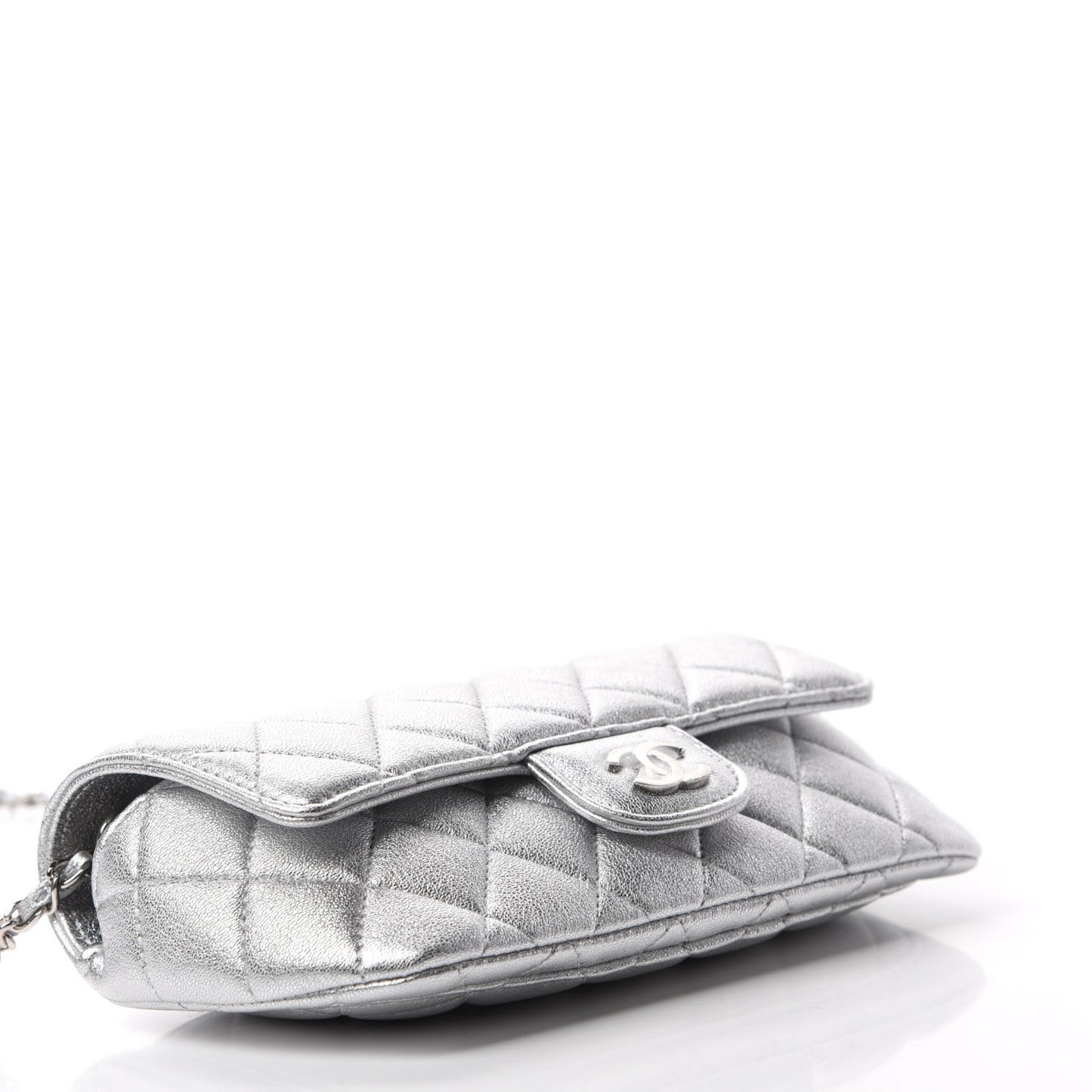 Metallic Lambskin Quilted Glasses Case With Chain Silver