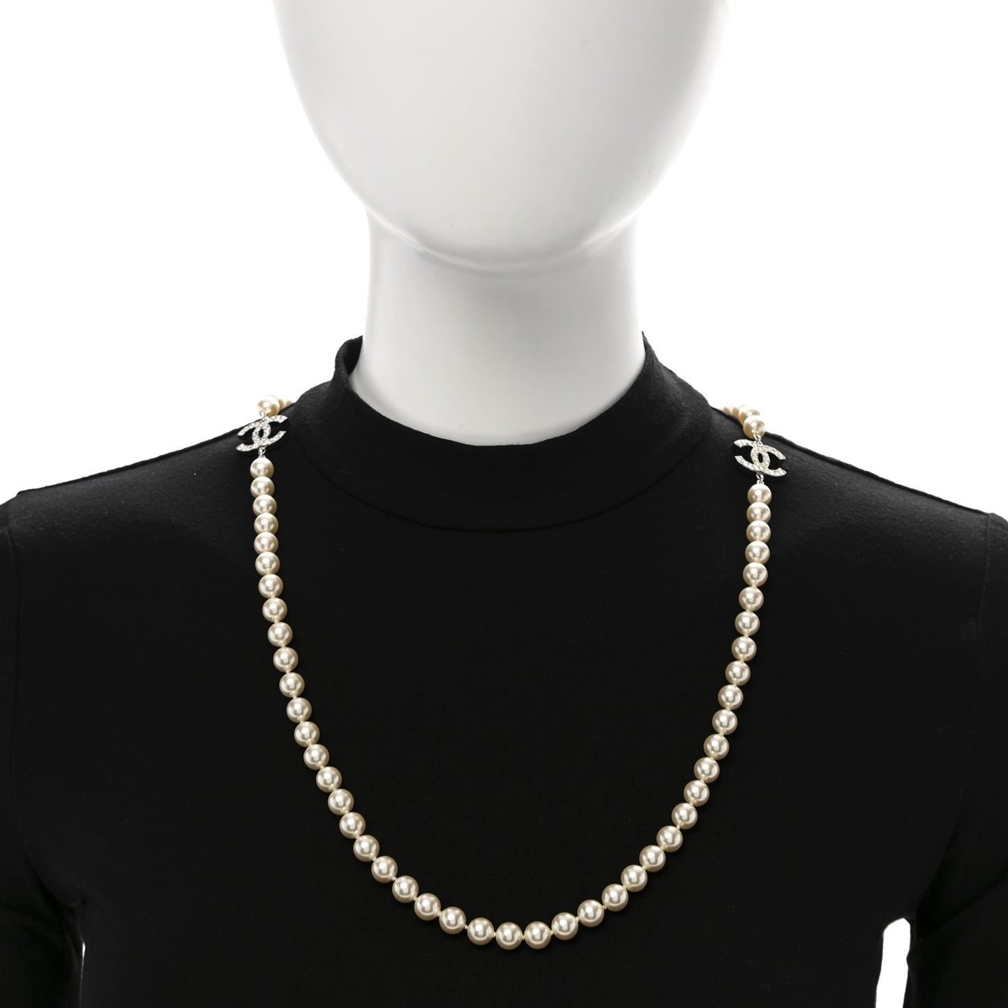 Crystal Pearl CC Long Necklace Silver