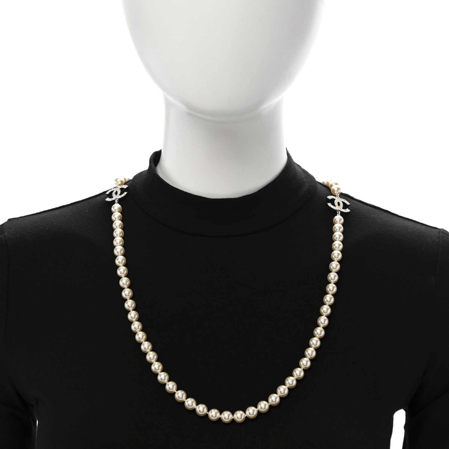 Chanel Crystal Pearl CC Long Necklace Silver 2 of 6