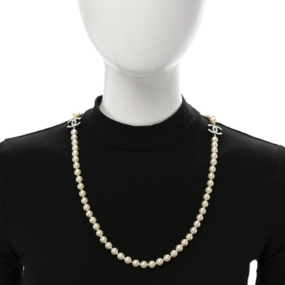 Chanel Crystal Pearl CC Long Necklace Silver 2 of 6