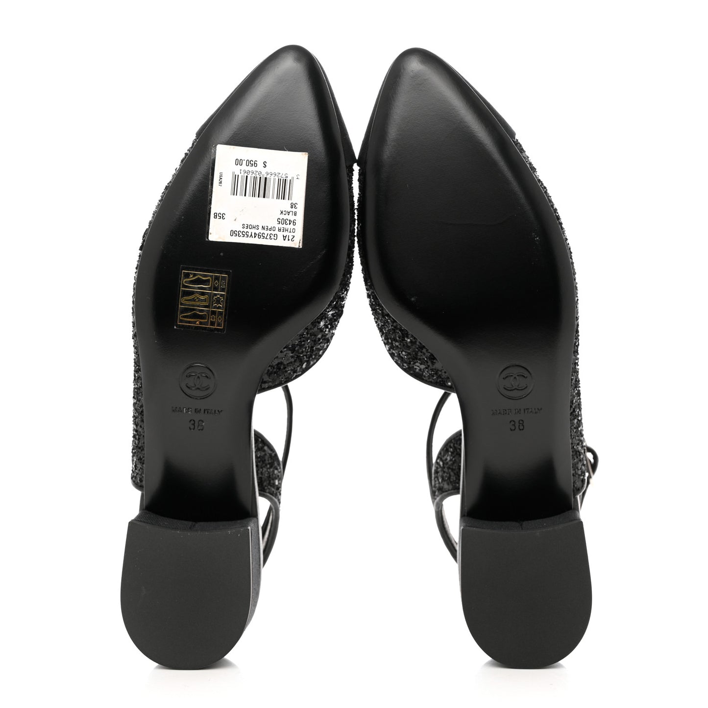 Glitter Grosgrain Cap Toe CC Ankle Wrap Pumps 38 Black