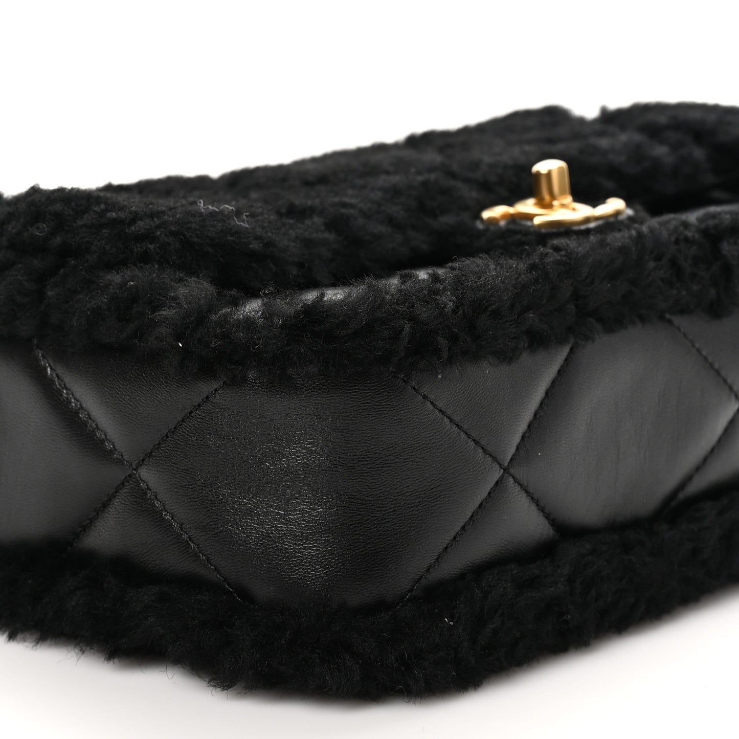 Shearling Lambskin Quilted Furry Coco Flap Black