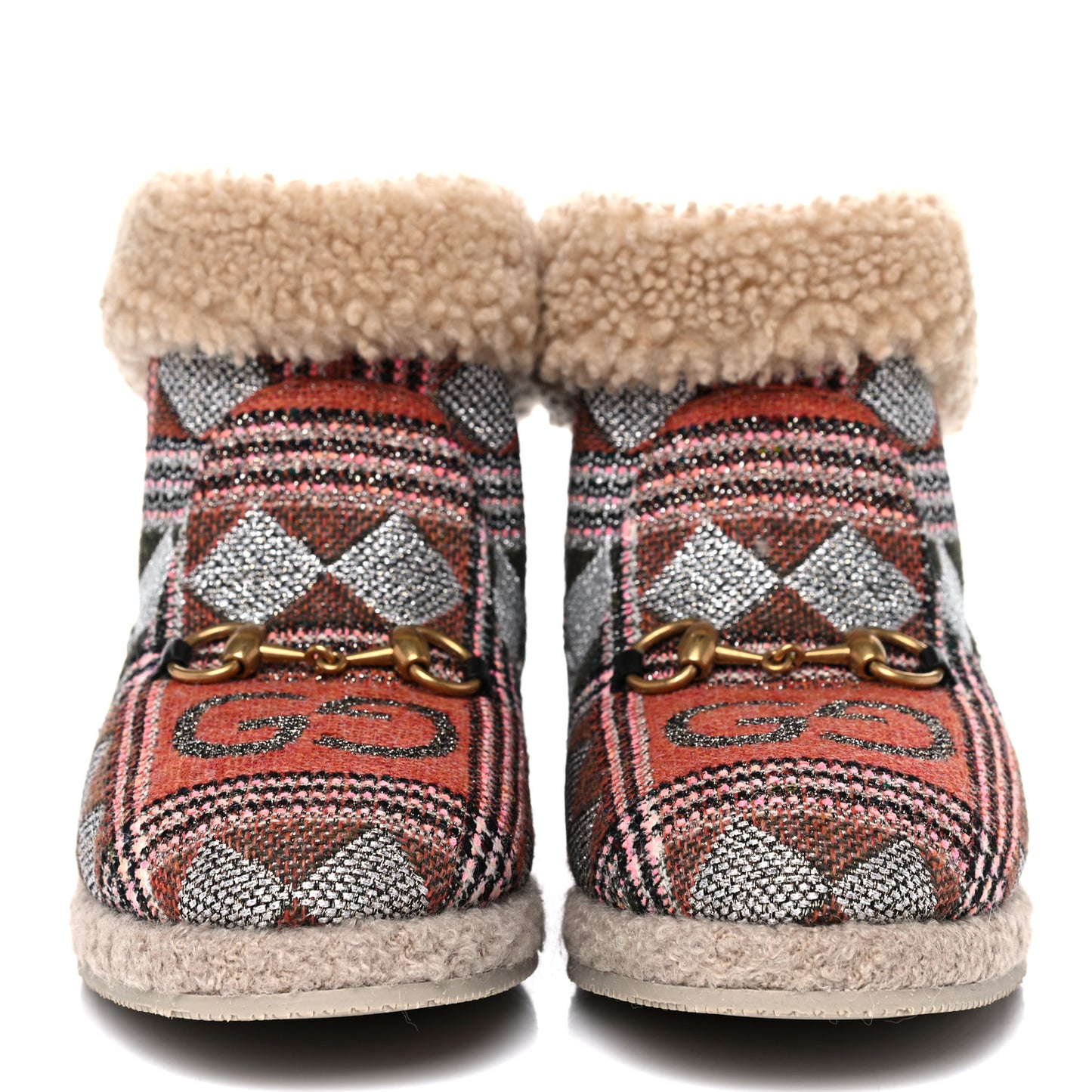 Tweed Wool Fancy Geometric GG Womens Fria Horsebit Ankle Boots 41 Black Ivory Butterscotch