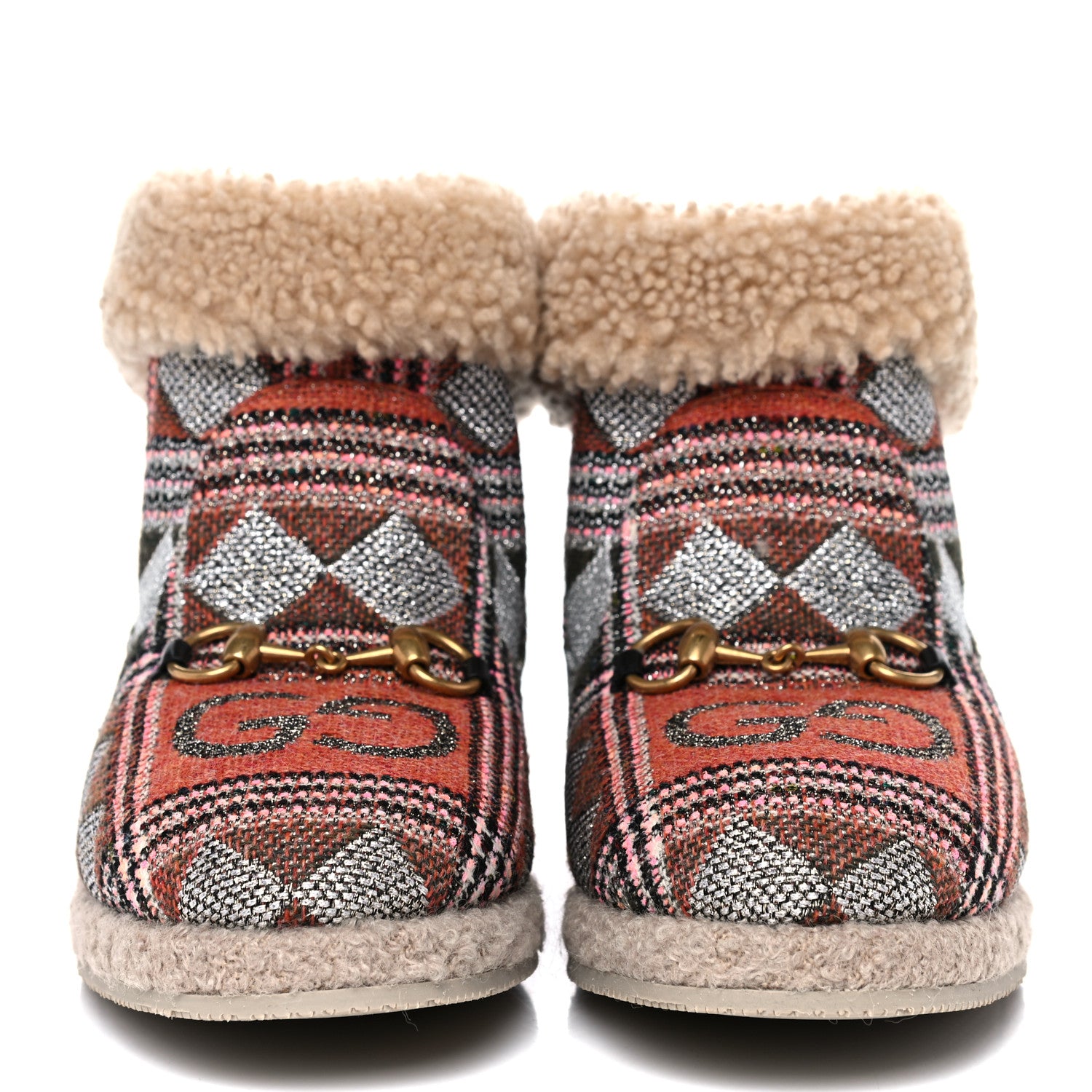 Gucci Tweed Wool Fancy Geometric GG Womens Fria Horsebit Ankle Boots 41 Black Ivory Butterscotch 2 of 8
