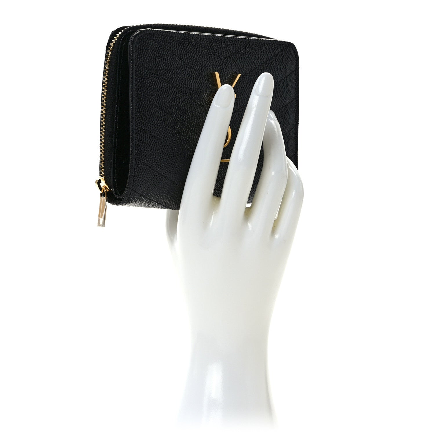 Saint Laurent Grain De Poudre Matelasse Chevron Monogram Compact Zip Around Wallet Black 2 of 7