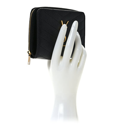 Saint Laurent Grain De Poudre Matelasse Chevron Monogram Compact Zip Around Wallet Black 2 of 7