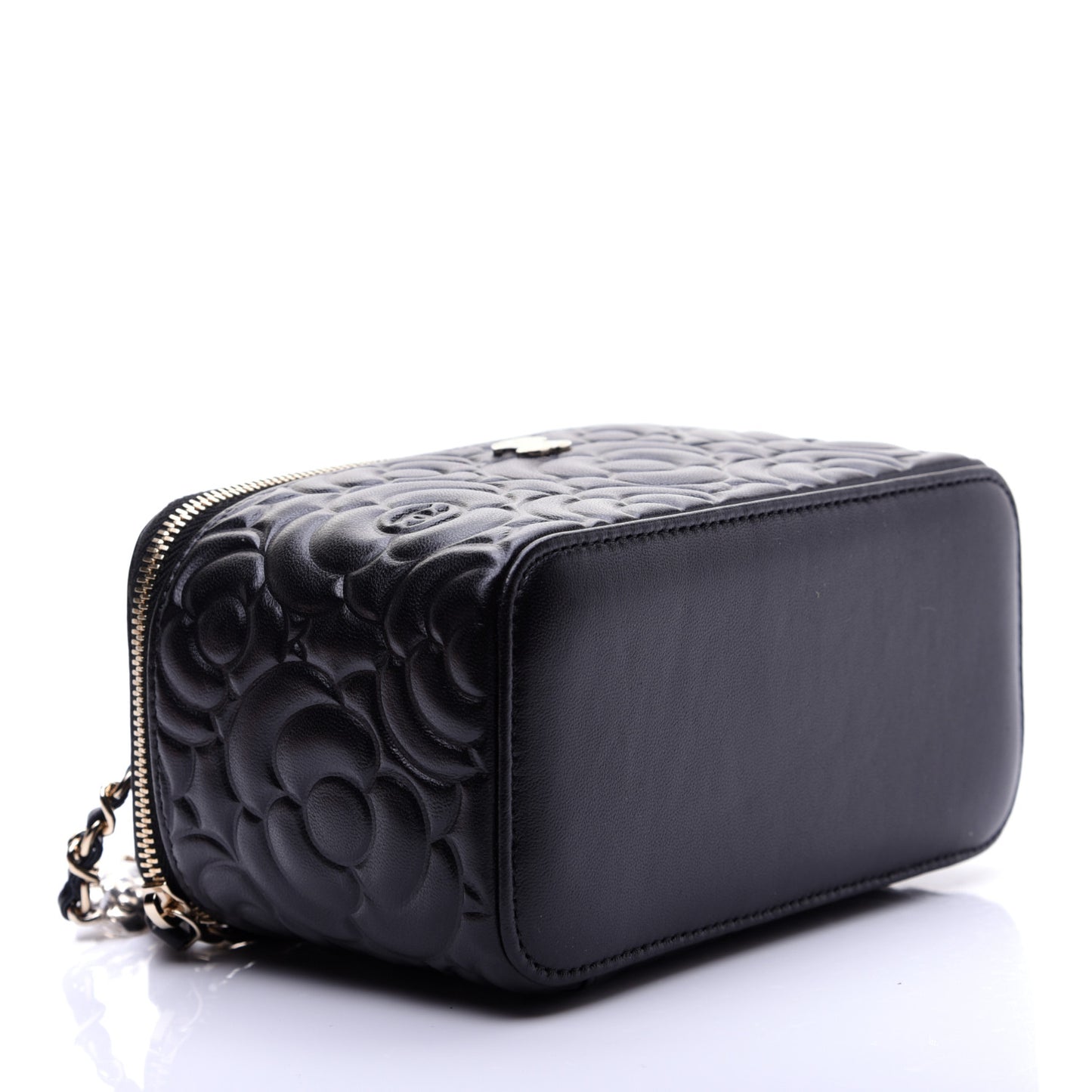 Lambskin Camellia Embossed Small Vanity Case With Chain Black