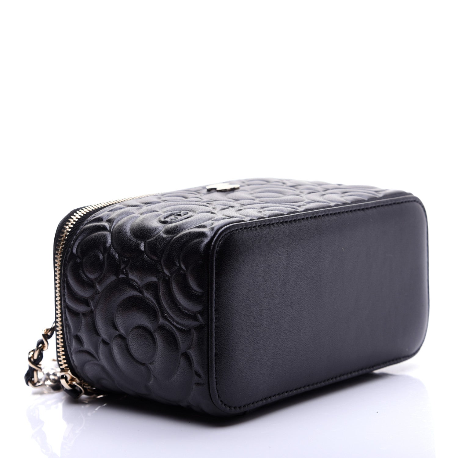 Chanel Lambskin Camellia Embossed Small Vanity Case With Chain Black 4 of 14