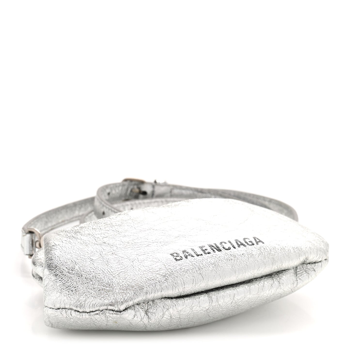 Metallic Textured Calfskin Logo Cloud Coin Purse With Strap Silver