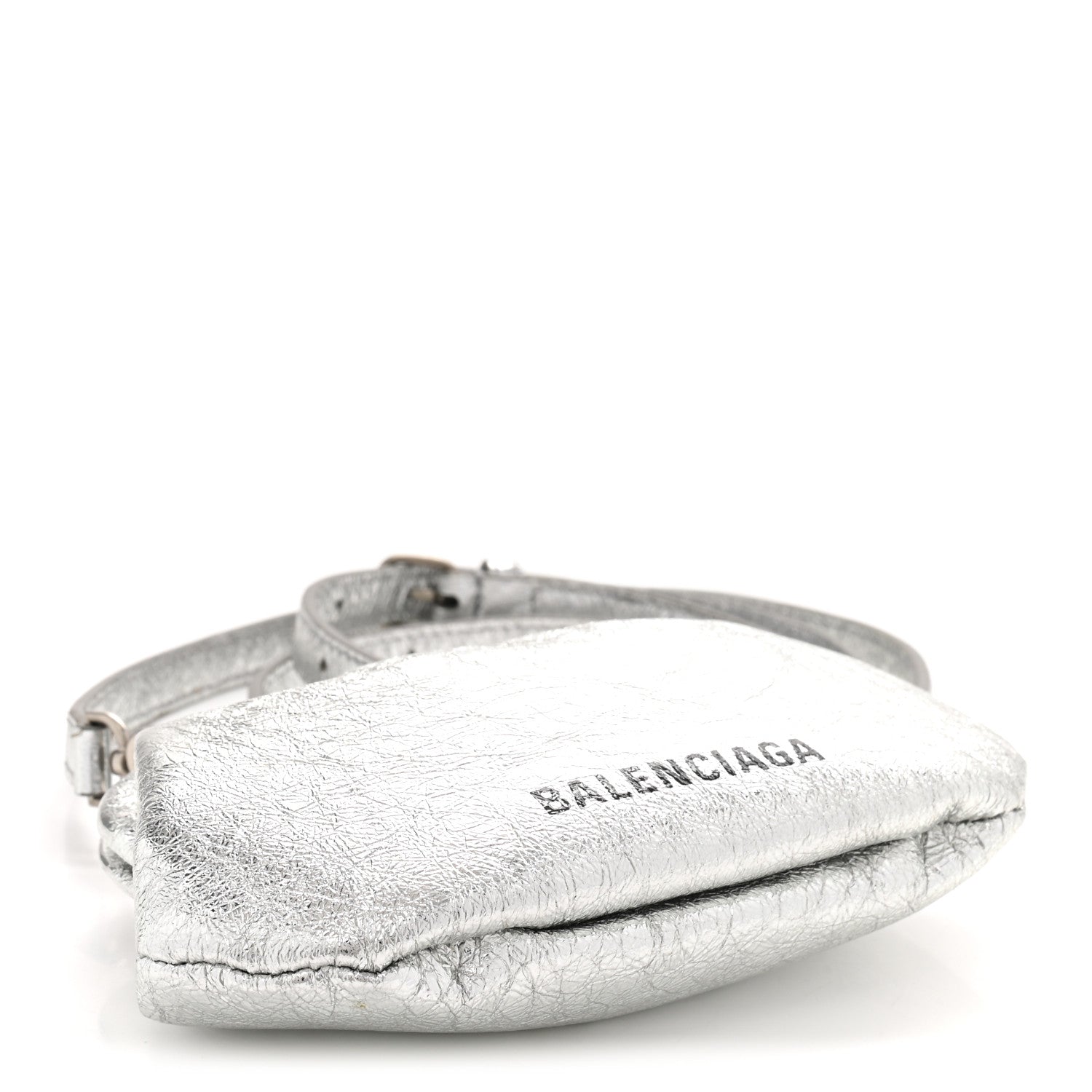 Balenciaga Metallic Textured Calfskin Logo Cloud Coin Purse With Strap Silver 4 of 11