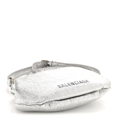 Balenciaga Metallic Textured Calfskin Logo Cloud Coin Purse With Strap Silver 4 of 11