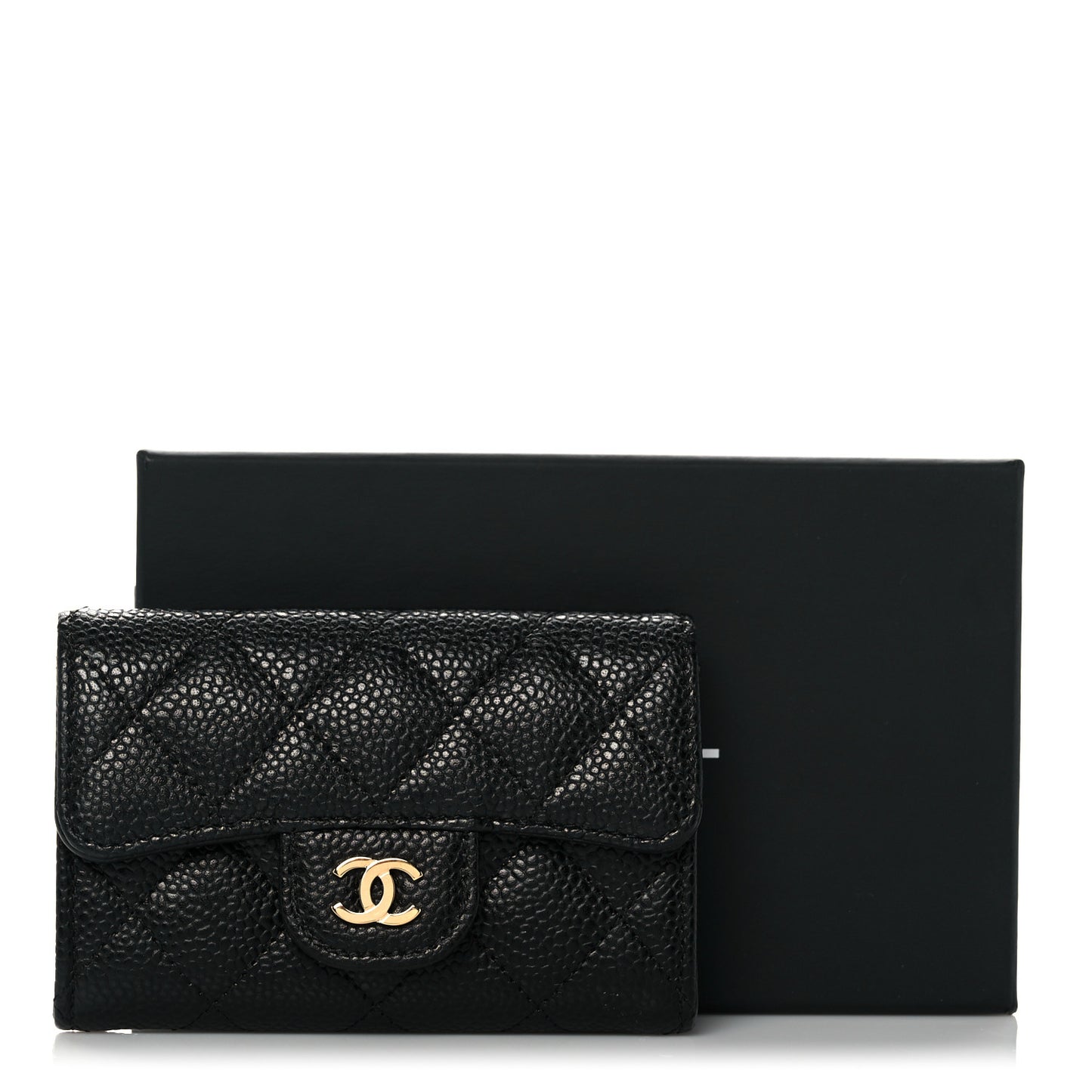 Caviar Quilted Flap Card Holder Wallet Black