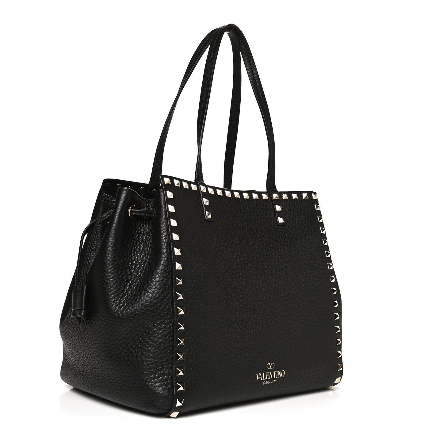 Grained Calfskin Rockstud Double Handle Cinch Tote Black