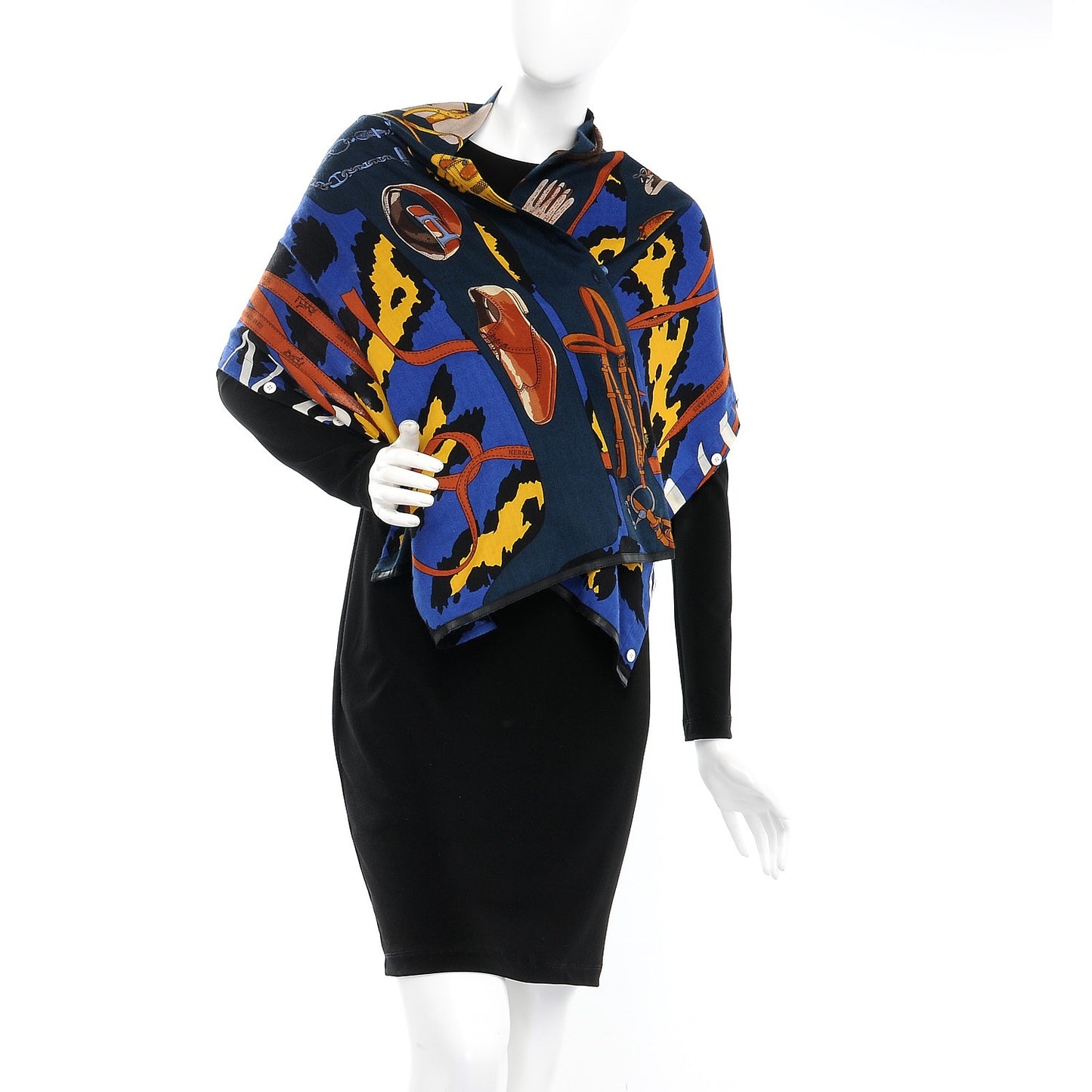 Cashmere Echarp A Manches Petit H Scarf Bleu Jaune Brun