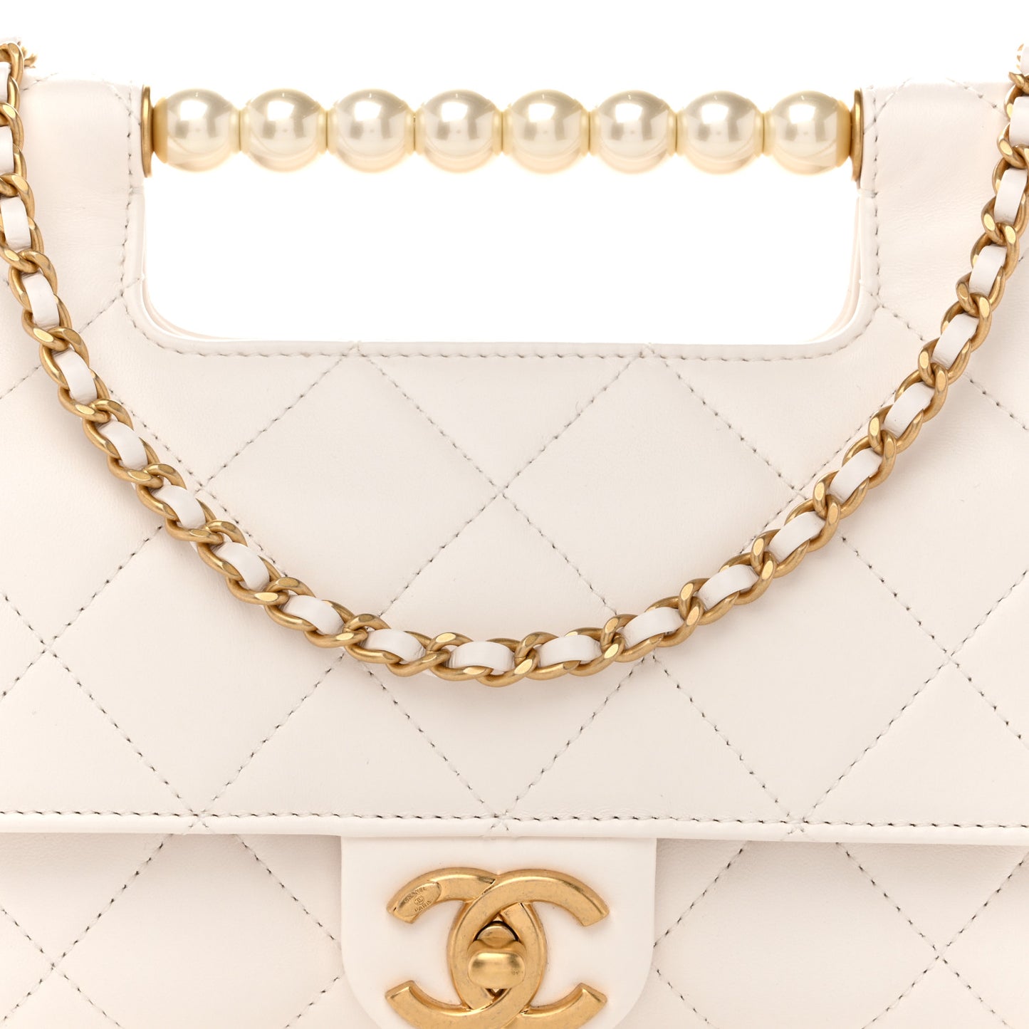 Shiny Lambskin Pearl Top Handle Flap Shopping Bag White
