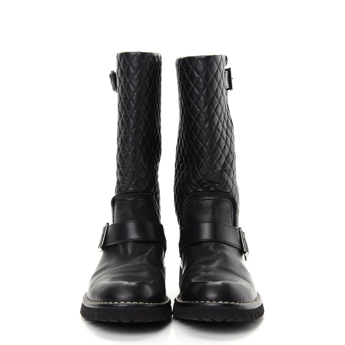 Calfskin Quilted Biker Boots 37.5 Black