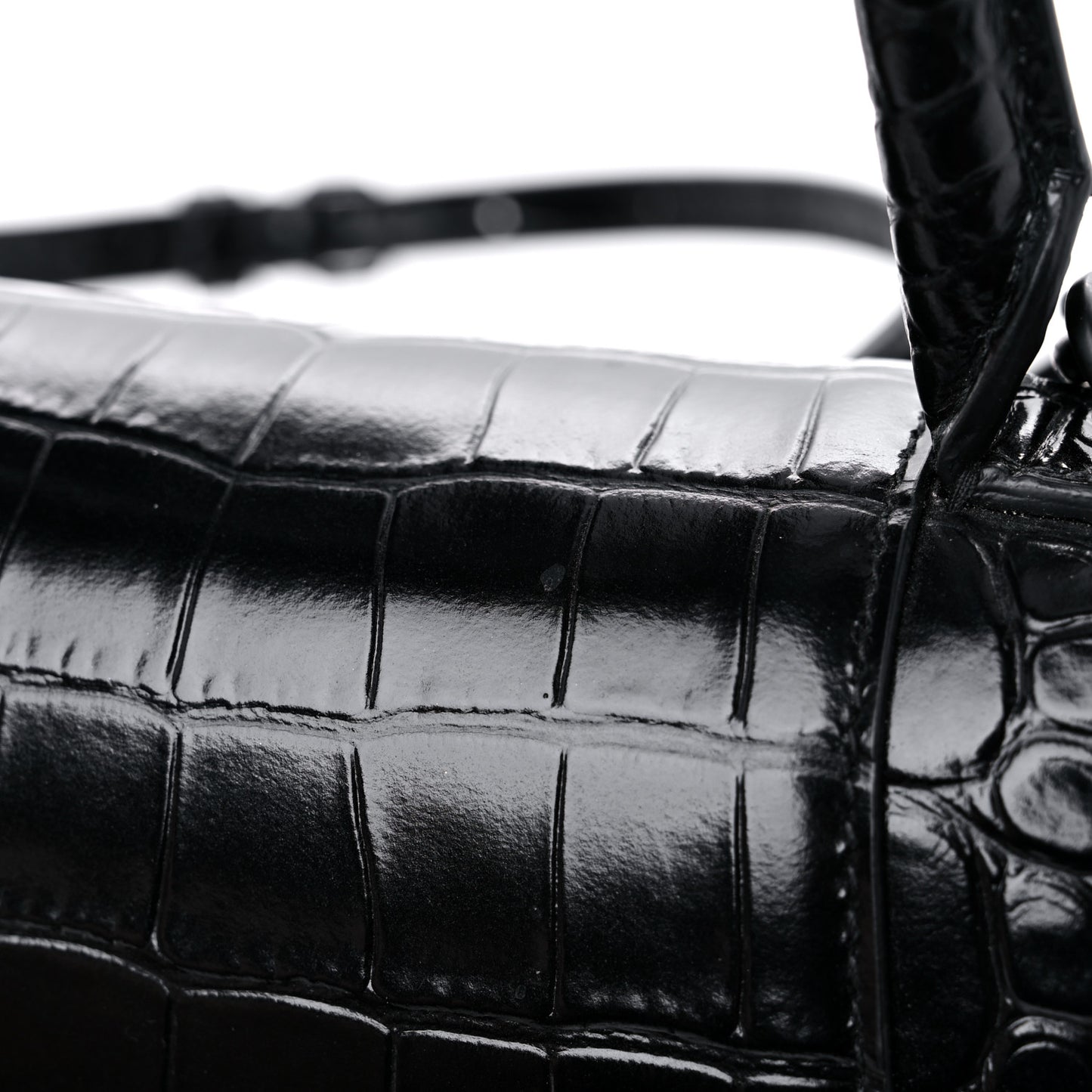 Shiny Calfskin Monochrome Crocodile Embossed Small Hourglass Top Handle Bag Black