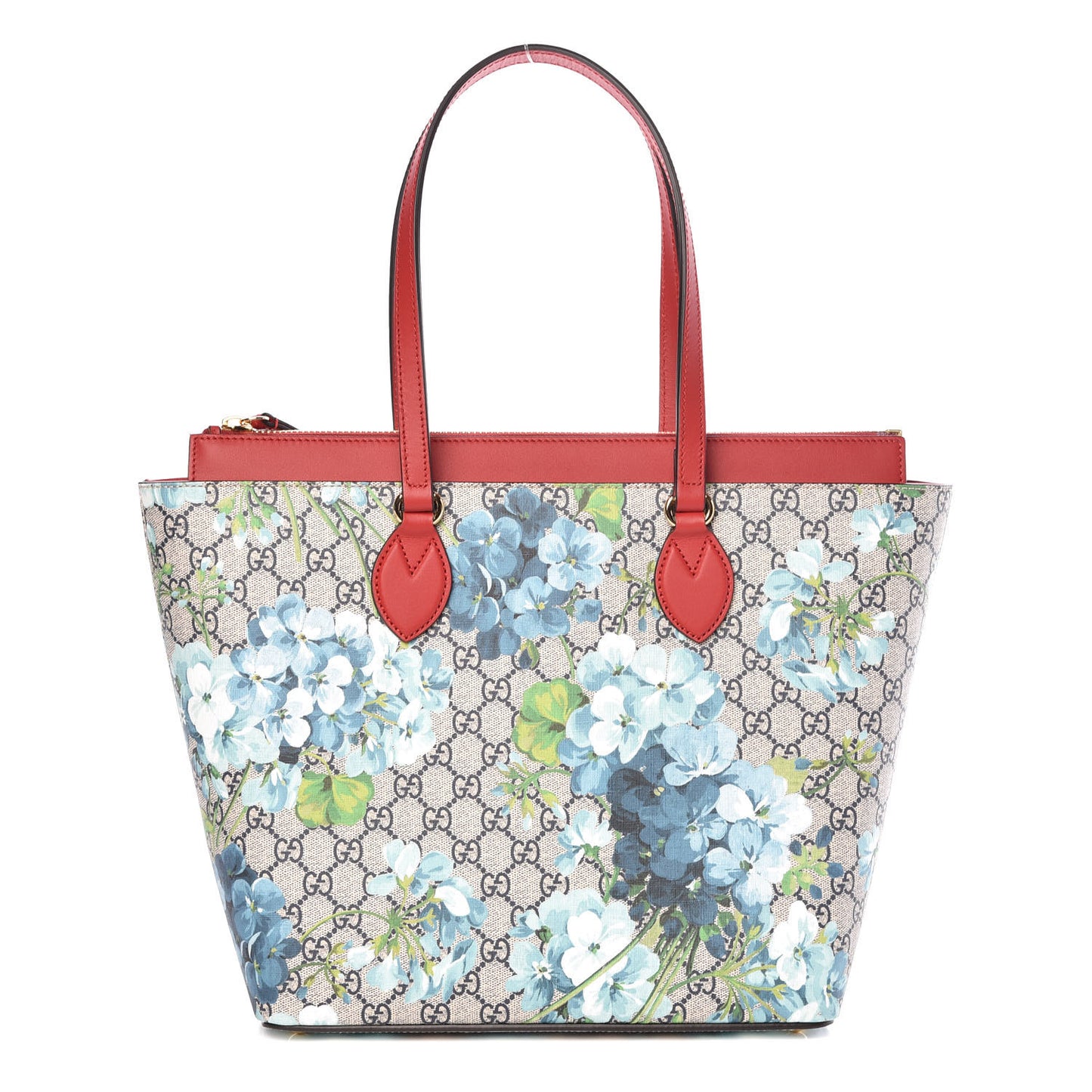 GG Supreme Monogram Blooms Medium Zippered Bucket Tote Beige Blue Navy Hibiscus Red