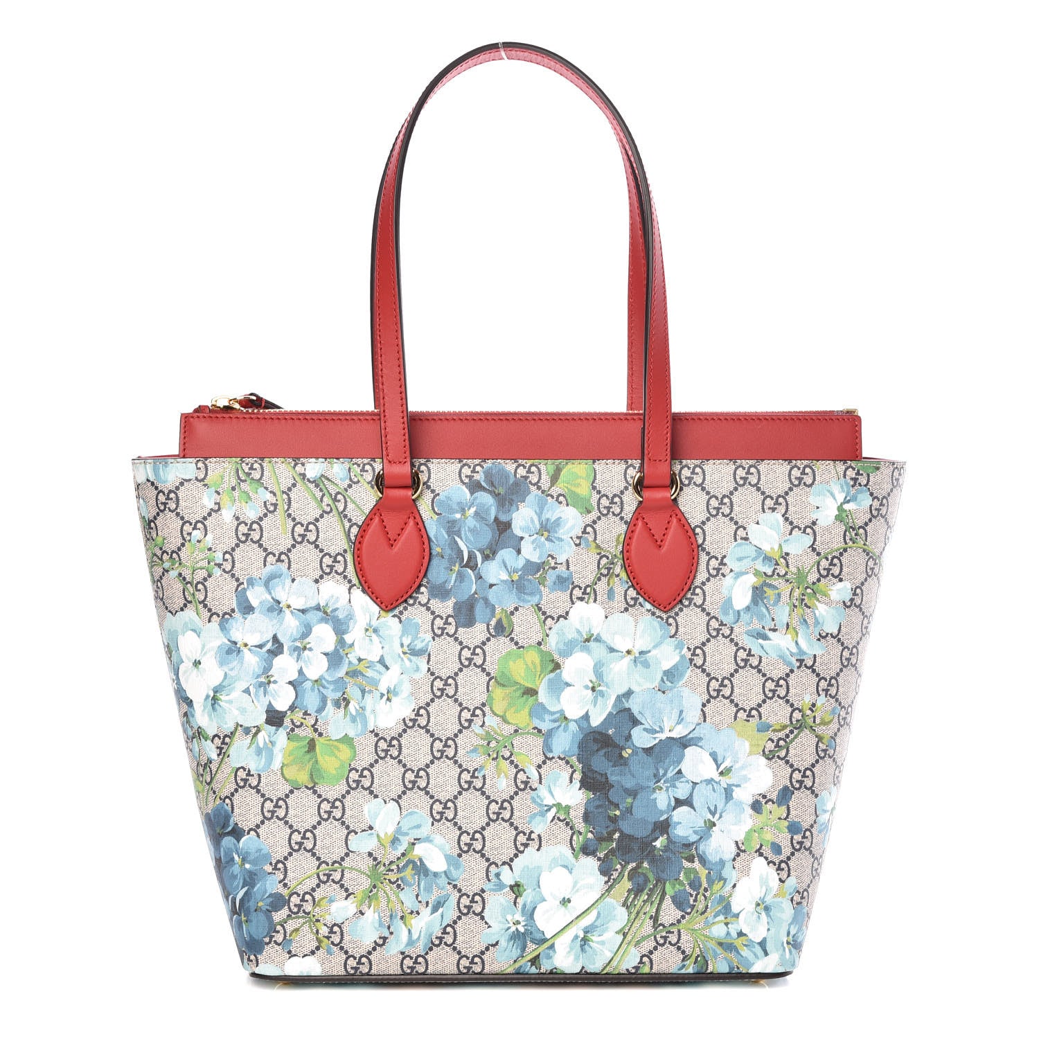 Gucci GG Supreme Monogram Blooms Medium Zippered Bucket Tote Beige Blue Navy Hibiscus Red 1 of 9
