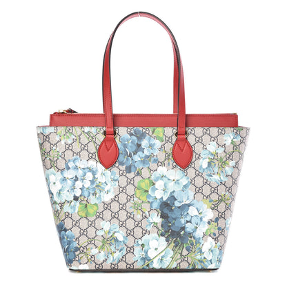 Gucci GG Supreme Monogram Blooms Medium Zippered Bucket Tote Beige Blue Navy Hibiscus Red 1 of 9