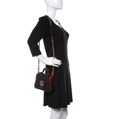 Gucci Vintage Effect Calfskin Matelasse Diagonal Mini Torchon GG Marmont Top Handle Shoulder Bag Black Romantic Cherry 2 of 10