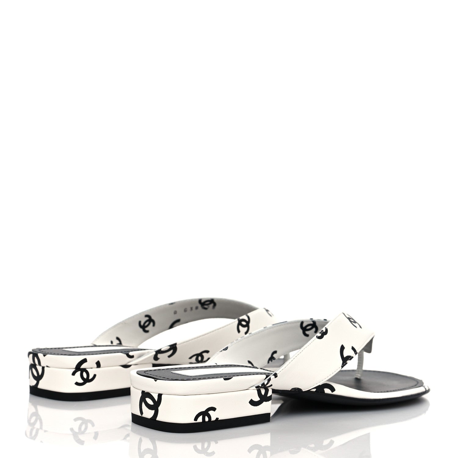 Chanel Lambskin Printed CC Thong Sandals 38 White Black 4 of 8