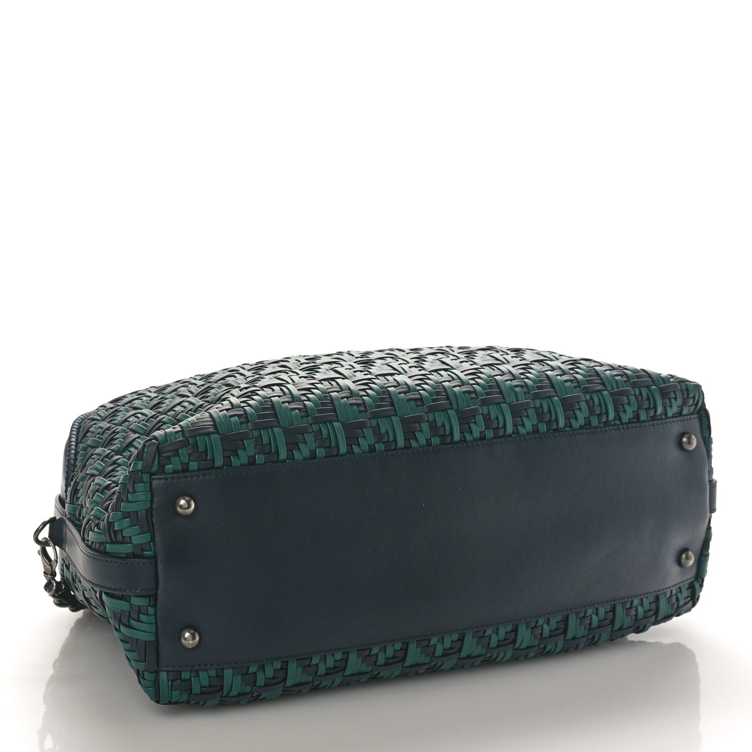 Chanel Calfskin Woven Bowling Bag Green Navy Blue 4 of 9