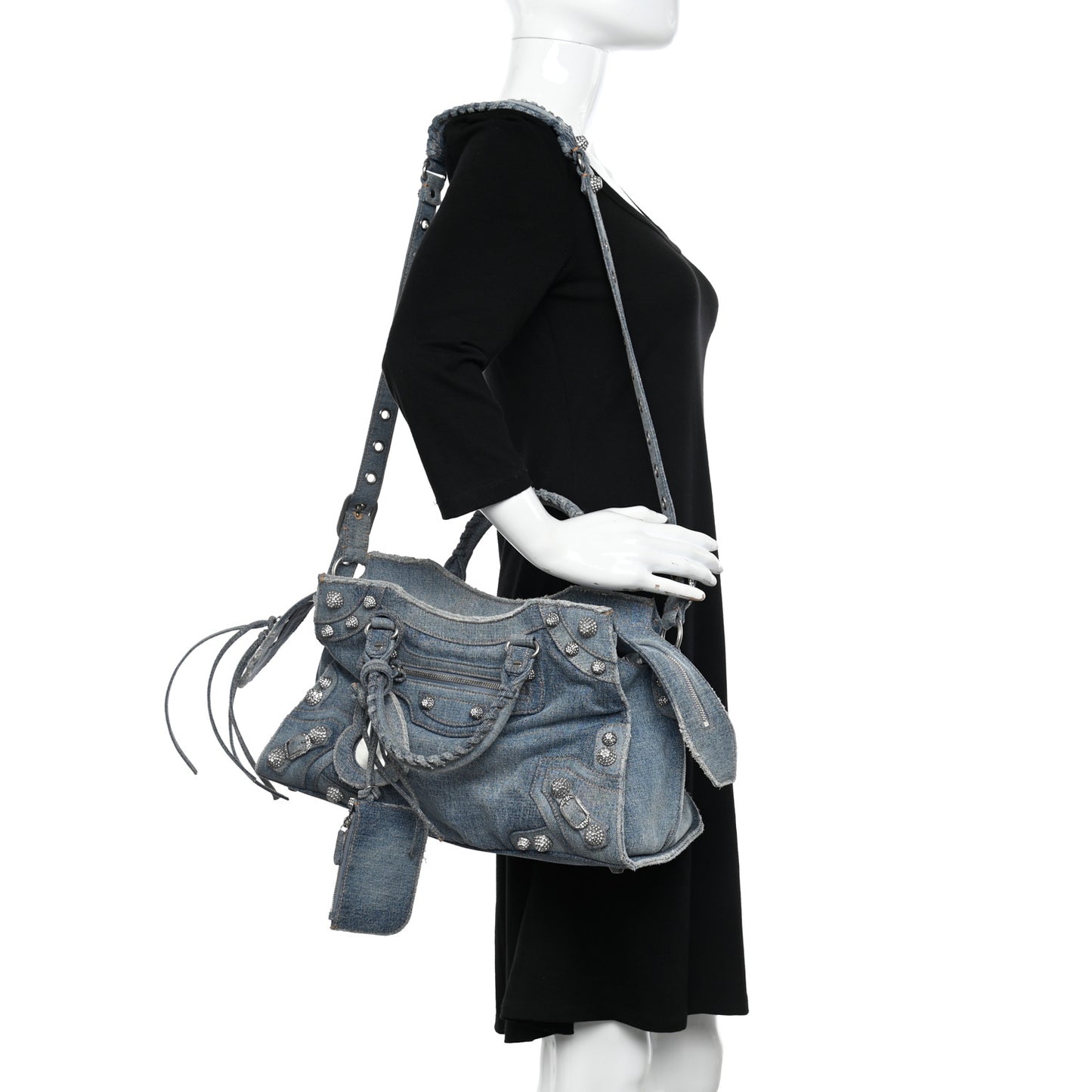 Washed Frayed Denim Crystal Neo Cagole City Handbag Blue