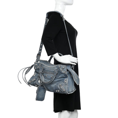 Balenciaga Washed Frayed Denim Crystal Neo Cagole City Handbag Blue 2 of 16
