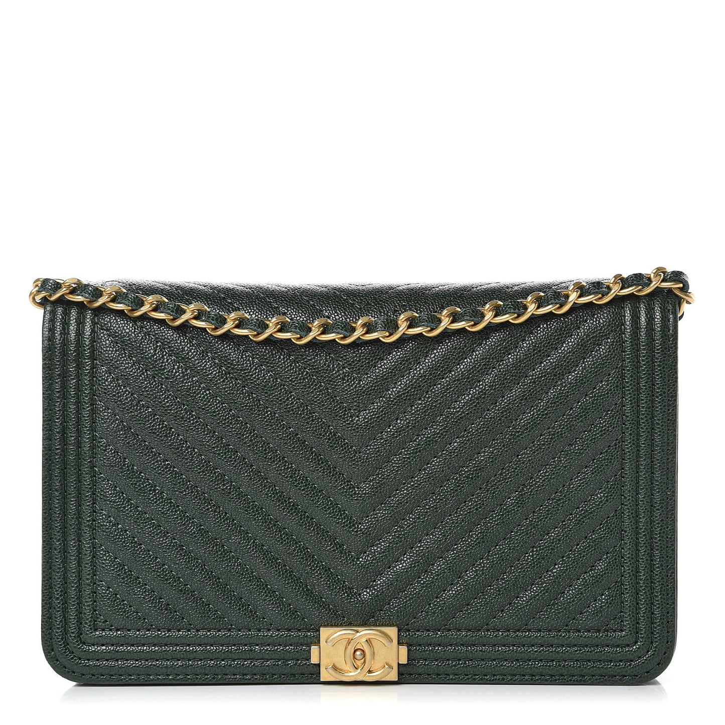 Caviar Chevron Quilted Boy Wallet On Chain WOC Green