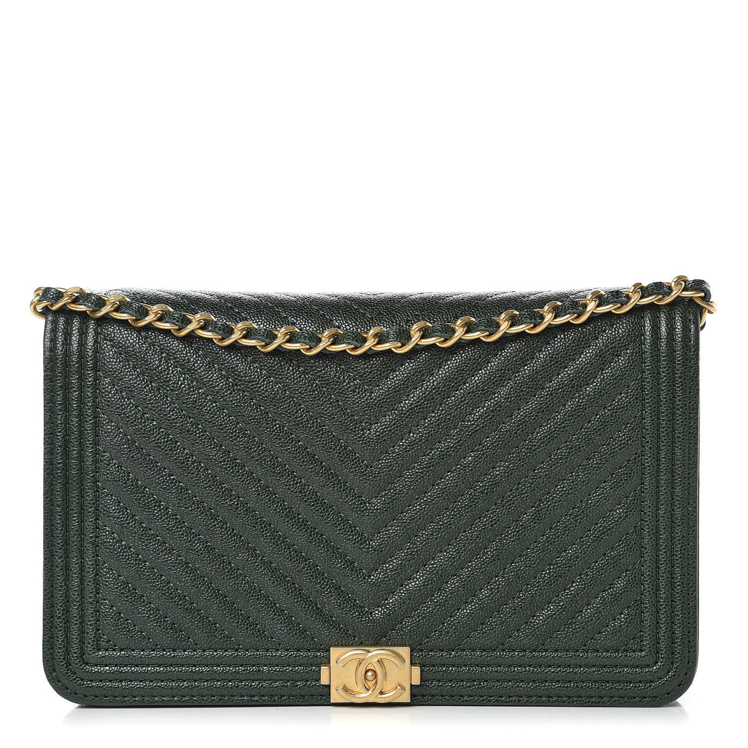 Chanel Caviar Chevron Quilted Boy Wallet On Chain WOC Green 1 of 9
