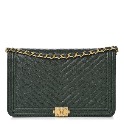 Chanel Caviar Chevron Quilted Boy Wallet On Chain WOC Green 1 of 9