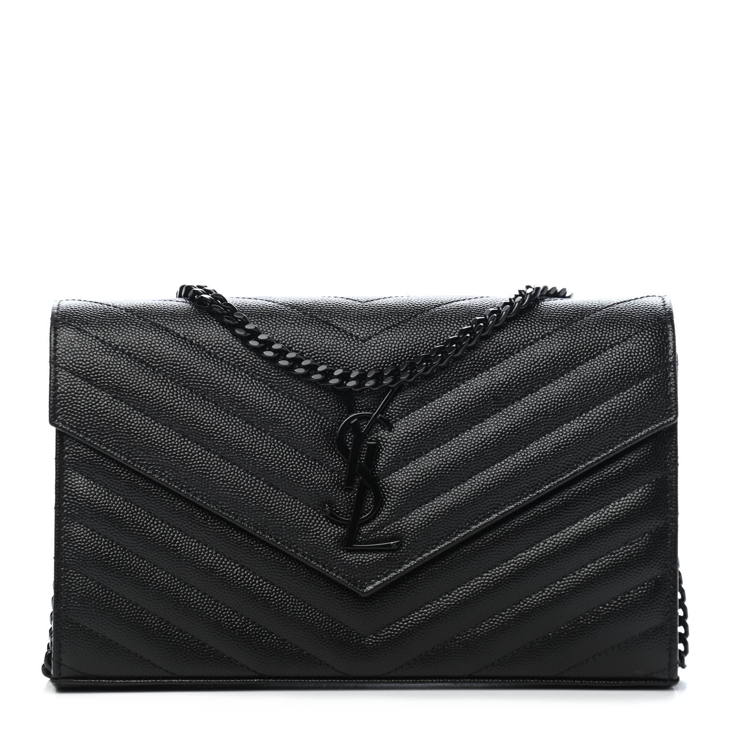 Saint Laurent Grain De Poudre Matelasse Chevron Monogram Chain Wallet Black 1 of 10