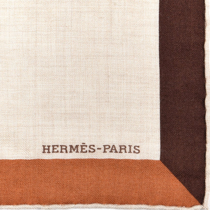 Hermes Cashmere Silk Encadre Blason Scarf 90 Naturel Chocolat Caramel 3 of 3