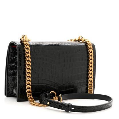 Alexander McQueen Shiny Crocodile Embossed Jeweled Satchel Black 3 of 11