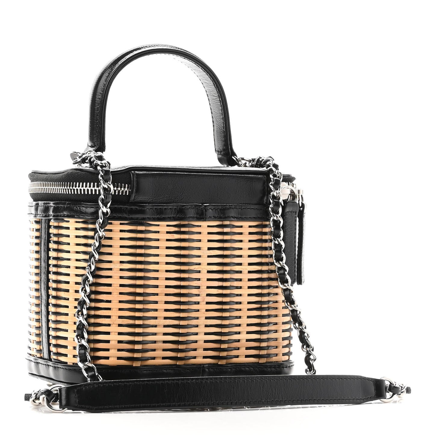 Calfskin Raffia Small Vanity Case Bag Black Beige