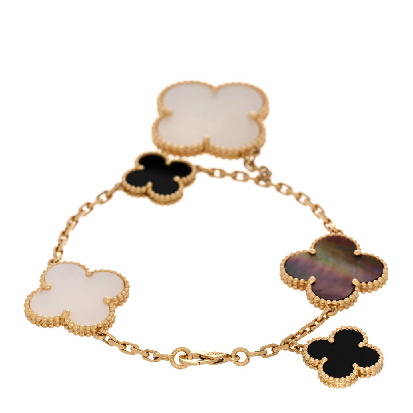 18K Yellow Gold Grey Mother of Pearl Black Onyx 5 Motifs Magic Alhambra Bracelet