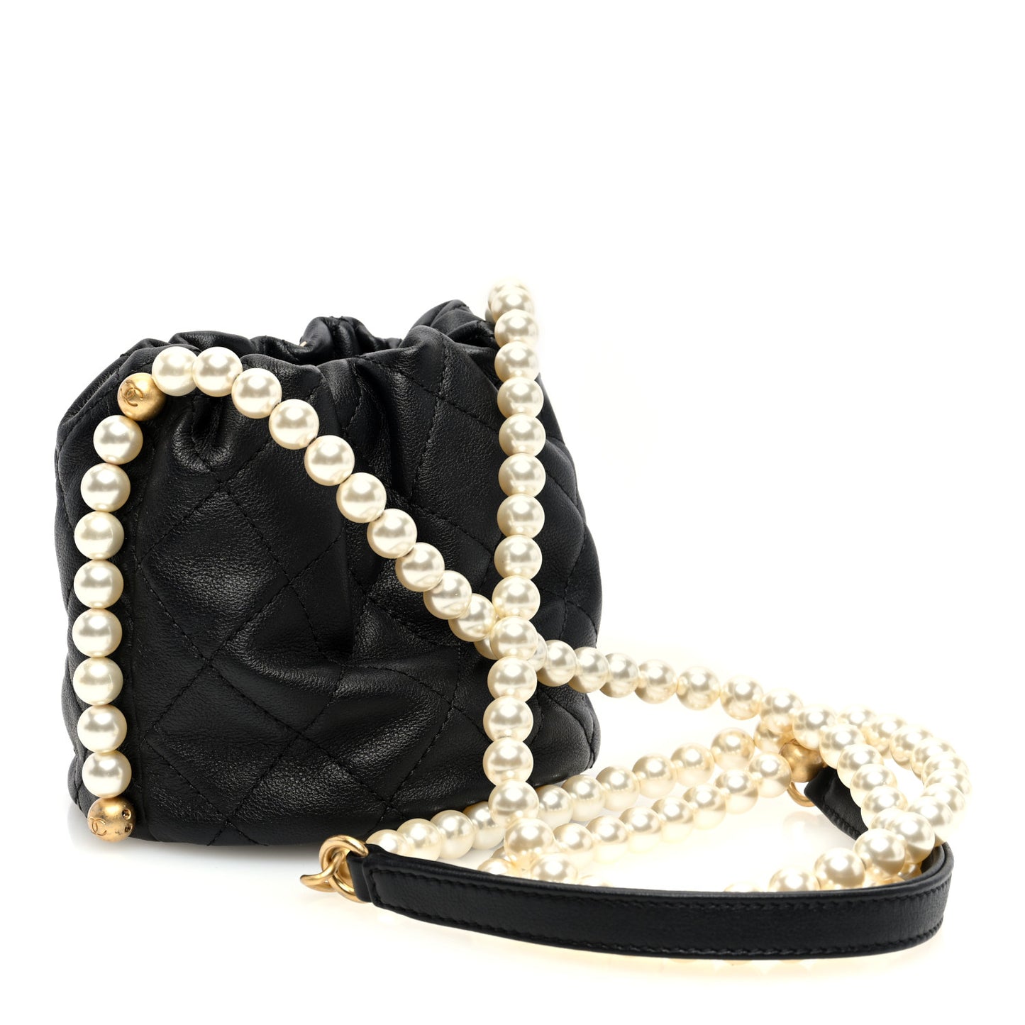 Calfskin Quilted Pearl Mini About Pearls Drawstring Bucket Bag Black