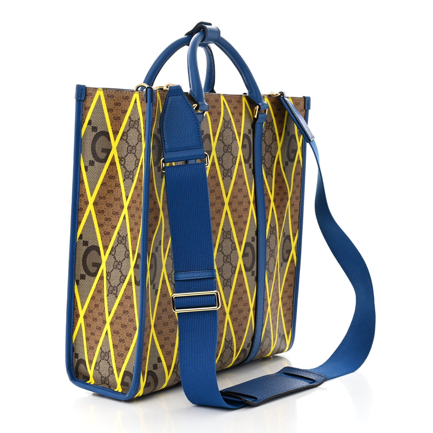 GG Supreme Monogram Mix Textured Dollar Calfskin Rhombus Inlay Large Tote Bag Beige Ebony Harvest Joy Blue