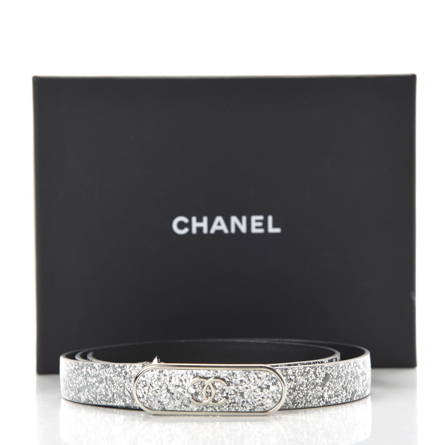 Glitter Calfskin CC Logo Skinny Belt 75 30 Silver