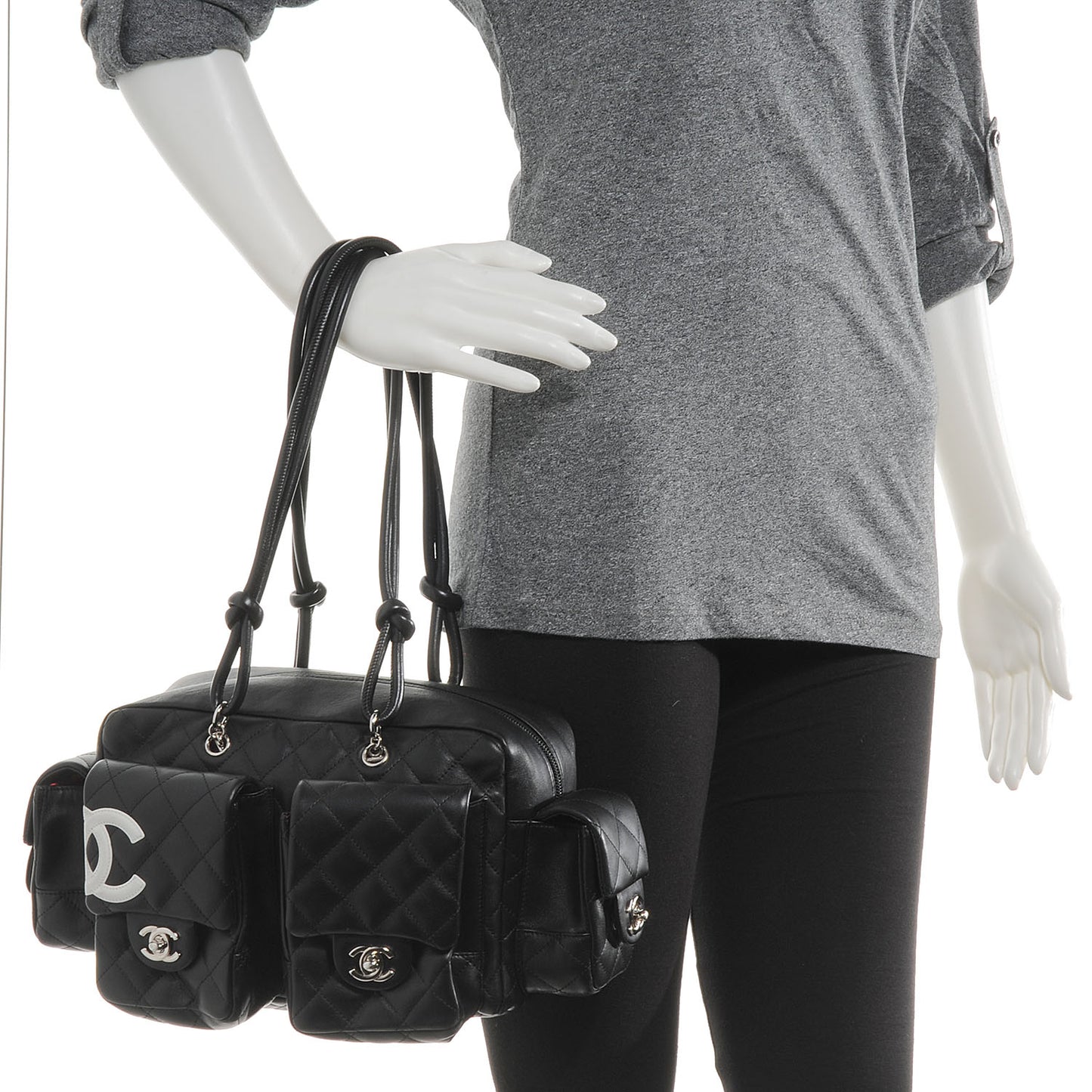 Calfskin Quilted Large Cambon Multipocket Reporter Black White