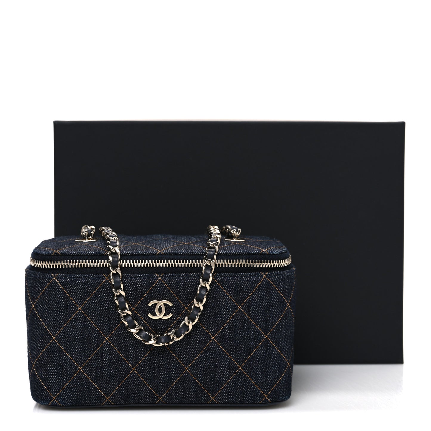 Denim Quilted Small Vanity Case With Chain Dark Blue Orange