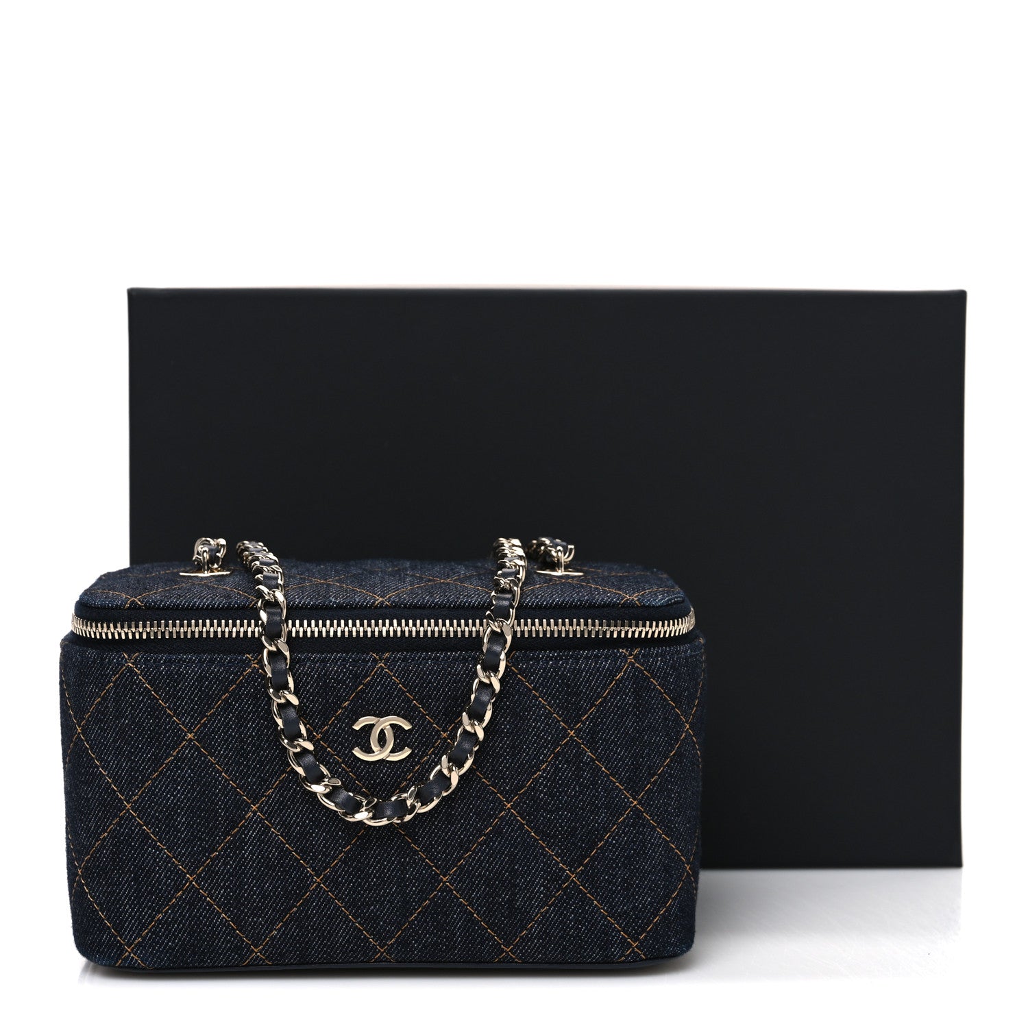 Chanel Denim Quilted Small Vanity Case With Chain Dark Blue Orange 10 of 10