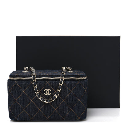 Chanel Denim Quilted Small Vanity Case With Chain Dark Blue Orange 10 of 10