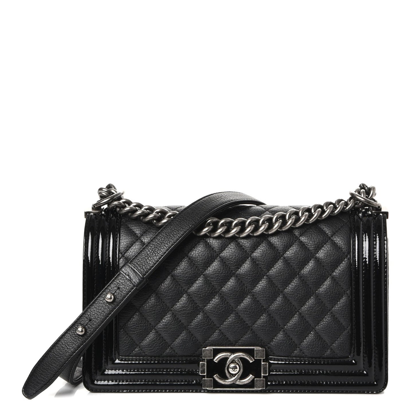 Goatskin Quilted Patent Medium Duo Boy Flap Black