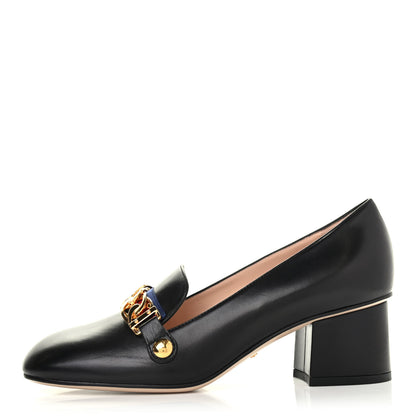 Gucci Malaga Kid Sylvie Web Chain Mid Heel Loafers 37 Black 1 of 4
