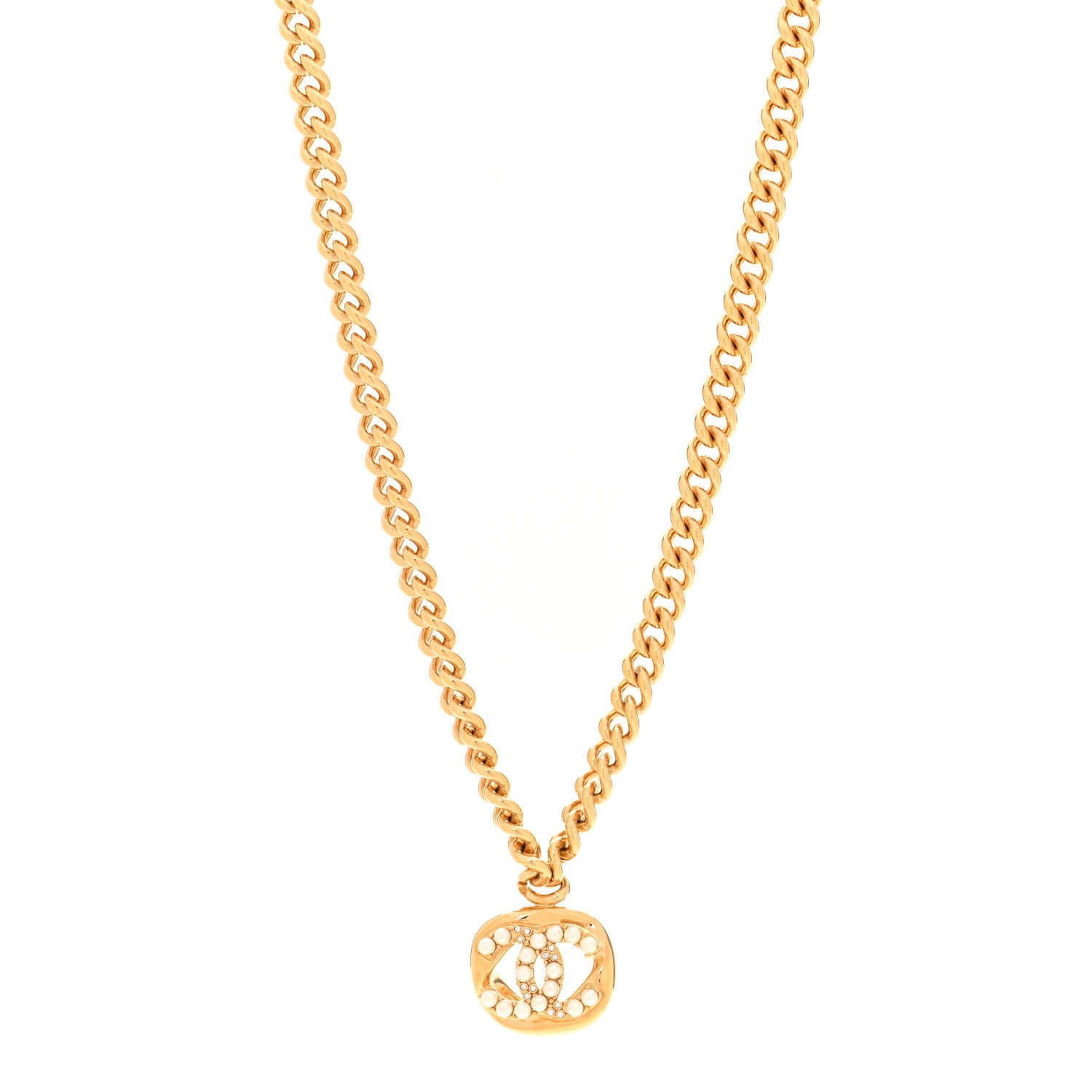 Chanel Metal Crystal Pearl Chain Link CC Necklace Gold 1 of 6